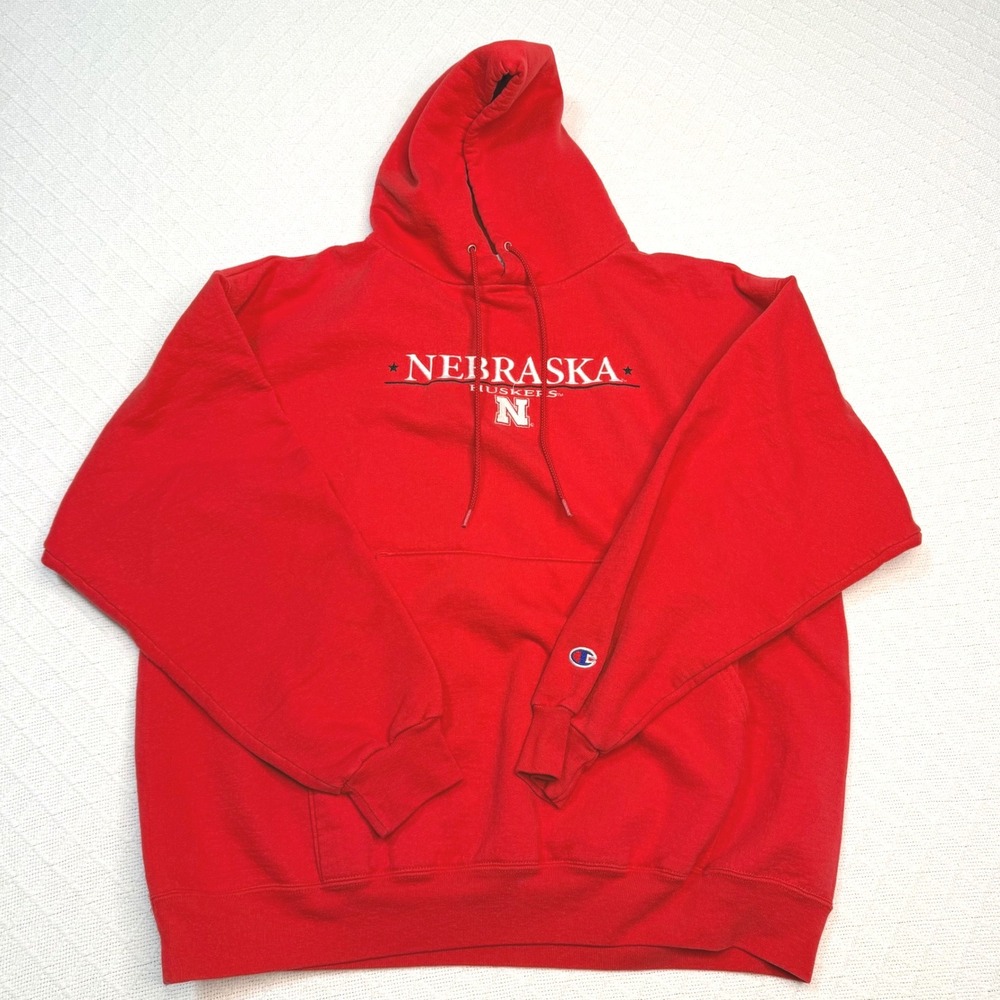 Champion Nebraska Huskers Hoodie Mens XL Red Embroidered Pullover Sweatshirt